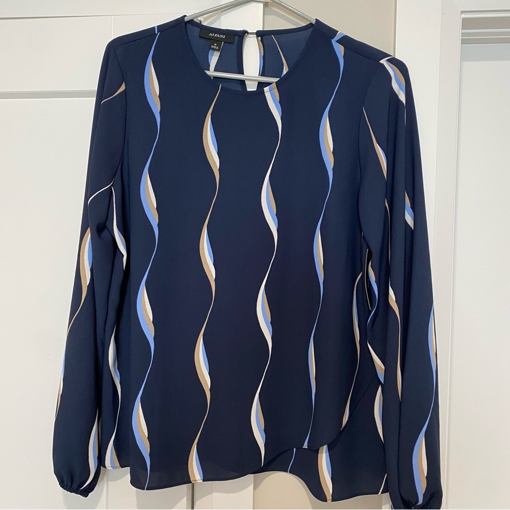 Alfani | Navy Crossover Hem Long Sleeve Blouse NWT - Picture 3 of 12